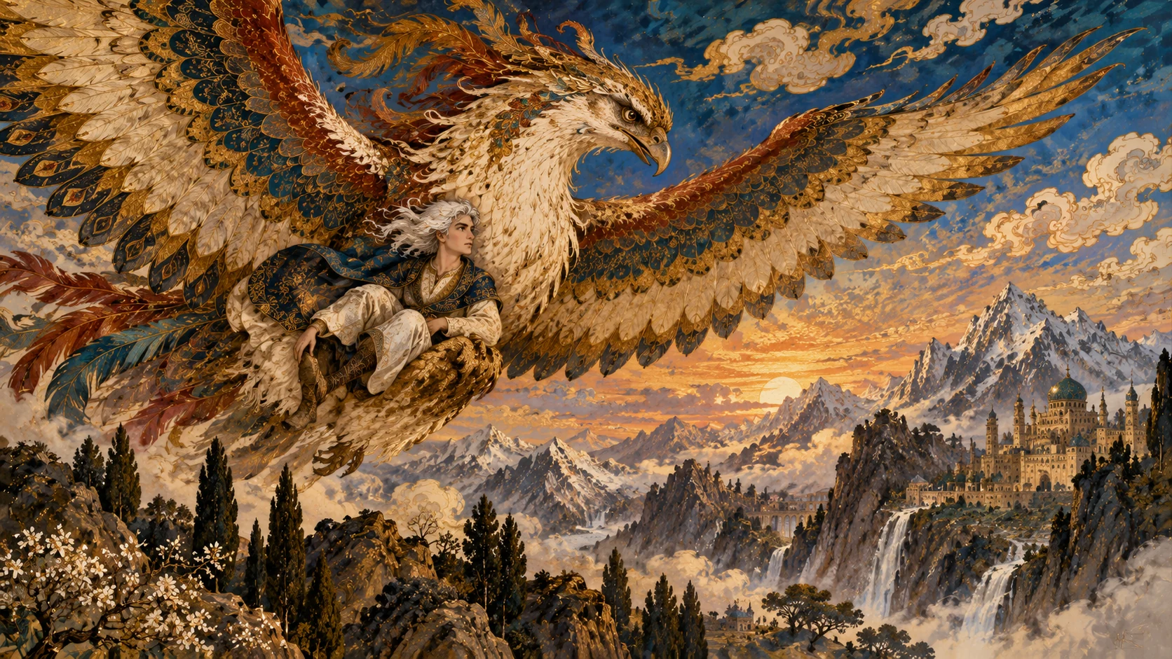 Zal carried by the Simurgh above the mountains of Alborz