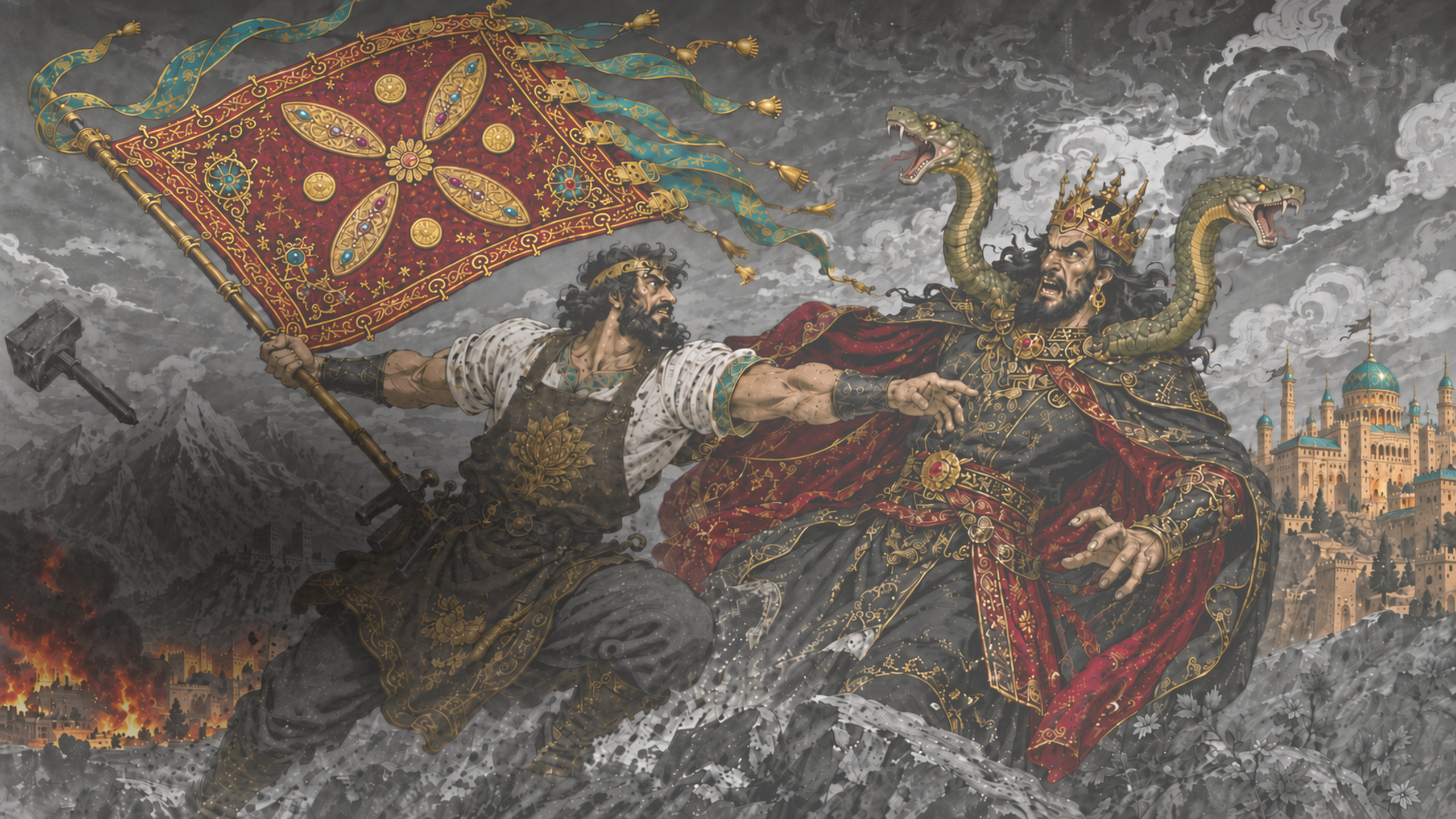 Kaveh the blacksmith raises the Derafsh Kaviani against Zahhak